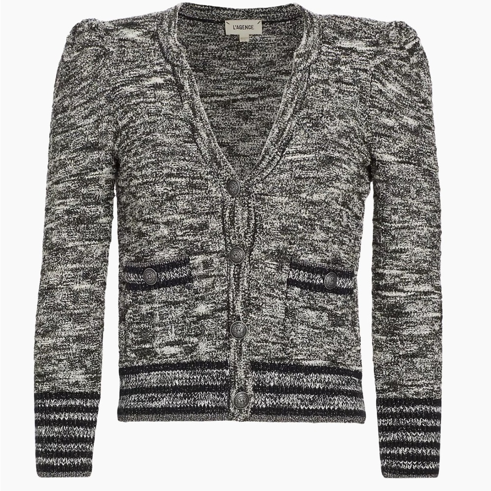L’AGENCE Jenni Black & White Waffle Stitch Cardigan NEW